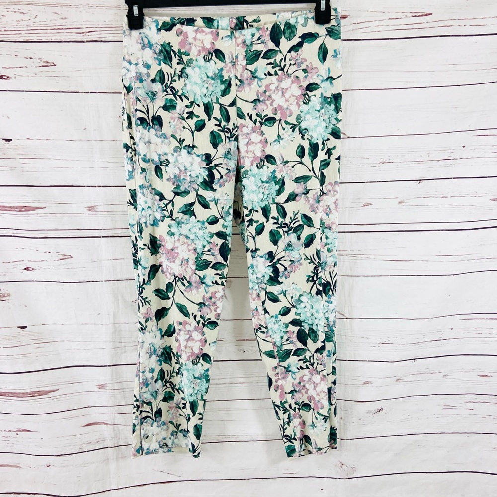 J. Jill Pants Womens Medium Oatmeal Straight Leg Capris‎ Blend Stretch Floral.